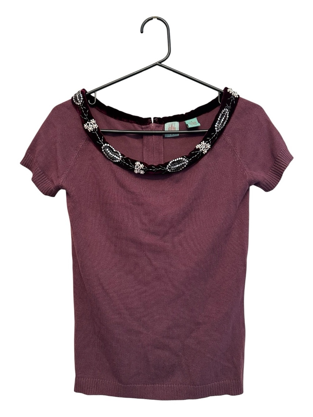 Vintage Y2K HWR Plum Short Sleeve Top with Beaded Velvet Collar Small